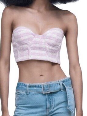 Zara Bustier Crop Top Size Medium Strapless Purple White Tweed Underwire Corset